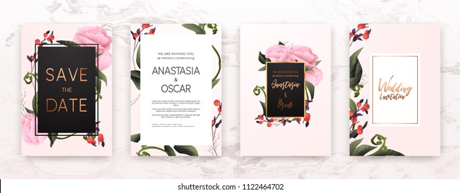 Wedding invitation frame set; flowers, leaves, watercolor, minimal vector. Sketched wreath, floral and herbs garland with rose, green, greenery color. Handdrawn Vector Watercolour style, nature art.