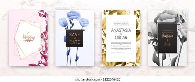 Wedding invitation frame set; flowers, leaves, watercolor, minimal vector. Sketched wreath, floral and herbs garland with rose, green, greenery color. Handdrawn Vector Watercolour style, nature art.