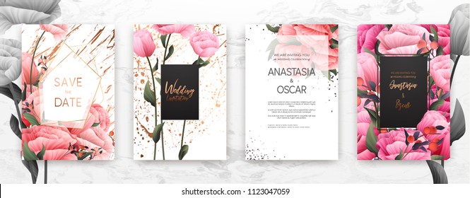 Wedding Invitation Frame Set; Flowers, Leaves, Watercolor, Minimal Vector. Sketched Wreath, Floral And Herbs Garland With Rose, Green, Greenery Color. Handdrawn Vector Watercolour Style, Nature Art.