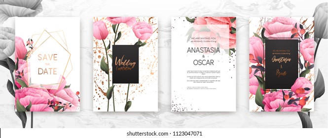 Wedding invitation frame set; flowers, leaves, watercolor, minimal vector. Sketched wreath, floral and herbs garland with rose, green, greenery color. Handdrawn Vector Watercolour style, nature art.