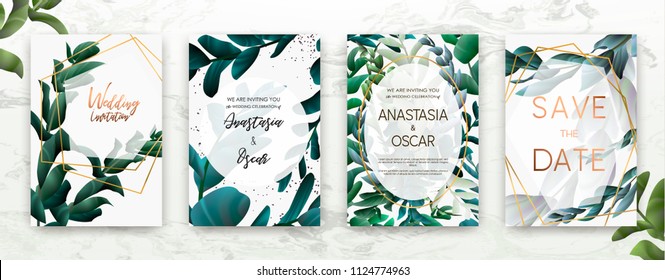 Wedding invitation frame set; flowers, succulent, eucalyptus leaves, watercolor, minimal vector. Sketched wreath, floral and herbs garland with rose, green, greenery color. Handdrawn Watercolour style