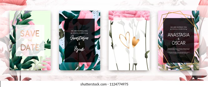 Wedding invitation frame set; flowers, succulent, eucalyptus leaves, watercolor, minimal vector. Sketched wreath, floral and herbs garland with rose, green, greenery color. Handdrawn Watercolour style