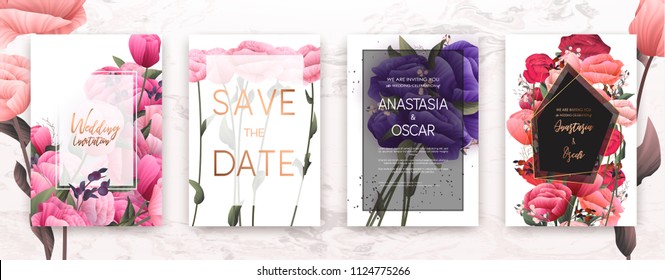 Conjunto de marco de invitación de Boda; flores, hojas, acuarela, Vector mínimo. Guirnalda de flores, hierbas florales y guirnaldas con color rosa, verde y verde. Estilo de acuarela de Vector dibujado a mano, arte de la naturaleza.
