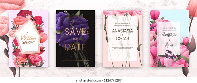 Conjunto de marcos de invitación de matrimonio; flores, hojas, acuarela, vector mínimo. Correa escarpada, huerta floral y hierbas con color rosa, verde, verde. Estilo de color de agua vectorial, arte natural.