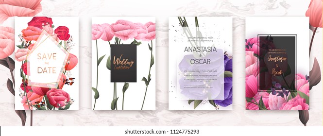 Wedding invitation frame set; flowers, leaves, watercolor, minimal vector. Sketched wreath, floral and herbs garland with rose, green, greenery color. Handdrawn Vector Watercolour style, nature art.