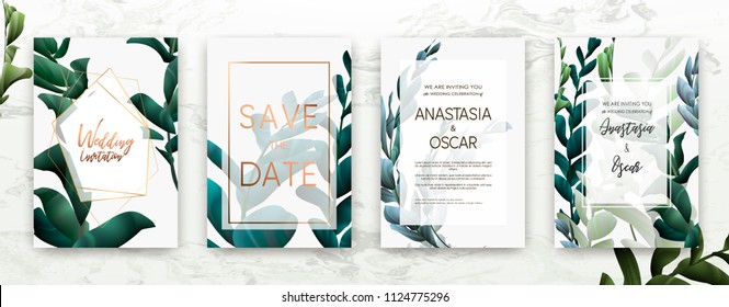 Wedding invitation frame set; flowers, succulent, eucalyptus leaves, watercolor, minimal vector. Sketched wreath, floral and herbs garland with rose, green, greenery color. Handdrawn Watercolour style