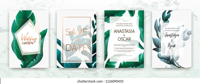 Wedding invitation frame set: flowers, palm,succulent, eucalyptus leaves, watercolor, minimal vector. Sketched wreath, floral and herbs garland with green, greenery color. Drawn Watercolour style