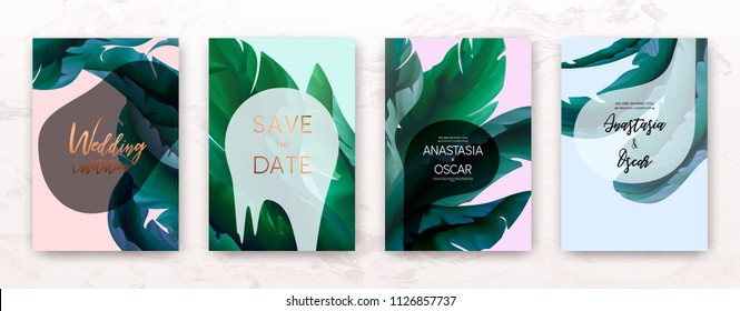 Wedding invitation frame set: flowers, palm,succulent, eucalyptus leaves, watercolor, minimal vector. Sketched wreath, floral and herbs garland with green, greenery color. Drawn Watercolour style