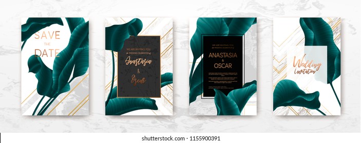 Wedding invitation frame set: flowers, palm,succulent, eucalyptus leaves, watercolor, minimal vector. Sketched wreath, floral and herbs garland with green, greenery color. Drawn Watercolour style