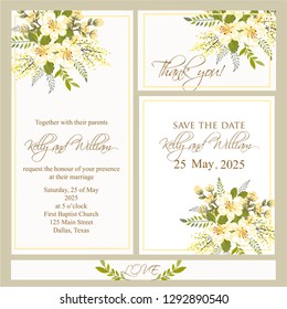Wedding invitation frame set; flowers, leaves,  isolated on white.Vector