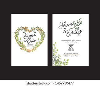 Wedding invitation frame set; flowers, leaves, watercolor, isolated on white. Sketched wreath, floral and herbs garland with green, greenery color. Handdrawn Vector Watercolour style, nature art.