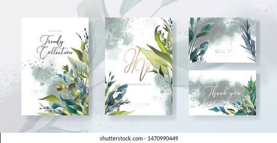 Wedding invitation frame set, flowers, leaves, watercolor minimal vector. Sketched wreath, floral, herbs garland. Card with rose, green, greenery colors. Handdrawn Vector Watercolour style, nature art