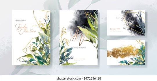 Wedding invitation frame set, flowers, leaves, watercolor minimal vector. Sketched wreath, floral, herbs garland. Card with rose, green, greenery colors. Handdrawn Vector Watercolour style, nature art