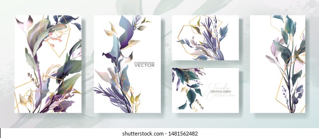 Wedding invitation frame set, flowers, leaves, mess and watercolor minimal vector. Sketched wreath, floral, herbs garland. Card with gold, gems, spots. Handdrawn Vector Watercolour style