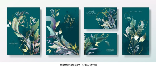 Wedding invitation frame set, flowers, leaves, mess and watercolor minimal vector. Sketched wreath, floral, herbs garland. Card with gold, gems, spots. Handdrawn Vector Watercolour style