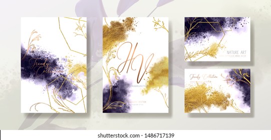 Wedding invitation frame set, flowers, leaves, mess and watercolor minimal vector. Sketched wreath, floral, herbs garland. Card with gold, gems, spots. Handdrawn Vector Watercolour style