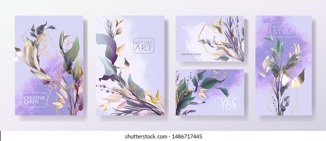 Wedding invitation frame set, flowers, leaves, mess and watercolor minimal vector. Sketched wreath, floral, herbs garland. Card with gold, gems, spots. Handdrawn Vector Watercolour style