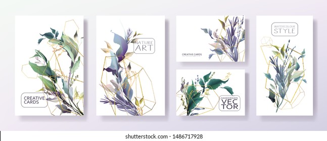 Wedding invitation frame set, flowers, leaves, mess and watercolor minimal vector. Sketched wreath, floral, herbs garland. Card with gold, gems, spots. Handdrawn Vector Watercolour style