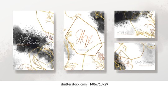 Einladung Hochzeit Rahmen Set, Blumen, Blätter, Chaos und Wasser Farbe minimalen Vektorgrafik. Skelettkranz, Blüte, Kräutergarten. Karte mit Gold, Edelsteinen, Flecken. Handgezeichneter Vektor-Aquarell-Stil