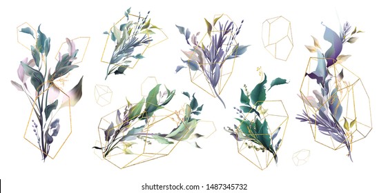 Wedding invitation frame set, flowers, leaves, mess and watercolor minimal vector. Sketched wreath, floral, herbs garland. Card with gold, gems, spots. Handdrawn Vector Watercolour style