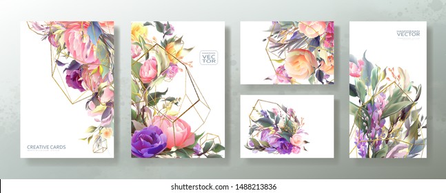 Wedding invitation frame set, flowers, leaves, mess and watercolor minimal vector. Sketched wreath, floral, herbs garland. Card with gold, gems, spots. Handdrawn Vector Watercolour style