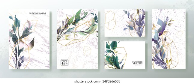 Wedding invitation frame set, flowers, leaves, mess and watercolor minimal vector. Sketched wreath, floral, herbs garland. Card with gold, gems, spots. Handdrawn Vector Watercolour style