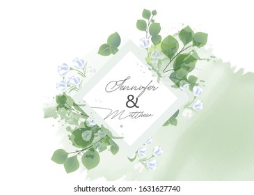 Wedding invitation frame set, flowers, leaves, mess and watercolor Sketched wreath, floral, herbs garland. Card with gold, 
