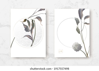 Wedding invitation frame set; flowers, leaves, watercolor, isolated on white. Minimal sketched wreath, floral, herbs garland with green, greenery color. Handdrawn Vector Watercolour style, nature art