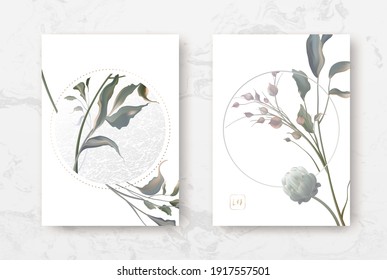 Wedding invitation frame set; flowers, leaves, watercolor, isolated on white. Minimal sketched wreath, floral, herbs garland with green, greenery color. Handdrawn Vector Watercolour style, nature art