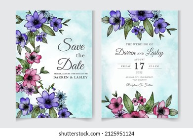 Wedding invitation frame set; flowers, leaves, watercolor, isolated on white. Sketched wreath, floral and herbs garland with green, greenery color, Hand draw Vector Watercolor style, nature art.