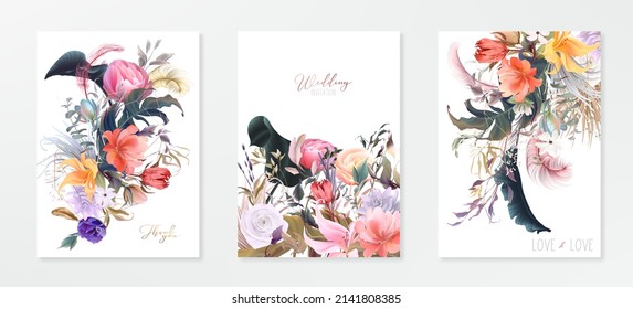 Wedding invitation frame set, flowers, leaves, watercolor minimal vector. Sketched wreath, floral, herbs garland. Card with gold, gems, spots. Handdrawn Vector Watercolour style