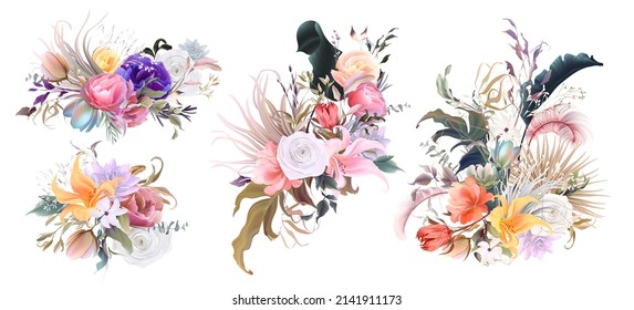 Wedding invitation frame set, flowers, leaves, watercolor minimal vector. Sketched wreath, floral, herbs garland. Card with gold, gems, spots. Handdrawn Vector Watercolour style