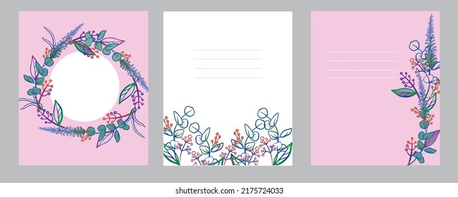 Wedding invitation frame set flowers, leaves, watercolor, isolated on white. Sketched wreath, floral and herbs garland with green, greenery color. Handdrawn Vector