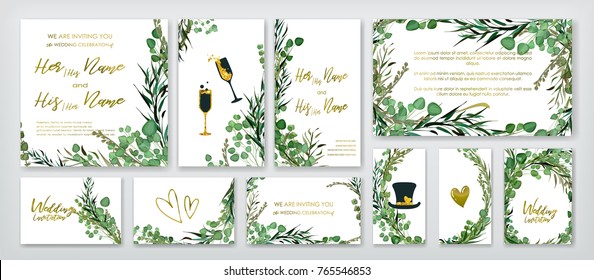 Wedding invitation frame set; flowers, leaves, watercolor, isolated on white. Sketched wreath, floral and herbs garland with green, greenery color. Handdrawn Vector Watercolour style, nature art.