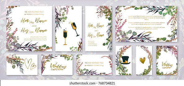 Wedding Invitation Frame Set; Flowers, Leaves, Watercolor, Isolated On White. Sketched Wreath, Floral And Herbs Garland With Green, Greenery Color. Handdrawn Vector Watercolour Style, Nature Art.