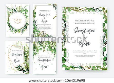 Wedding invitation frame set; flowers, leaves, watercolor, isolated on white. Sketched wreath, floral and herbs garland with green, greenery color. Handdrawn Vector Watercolour style, nature art.