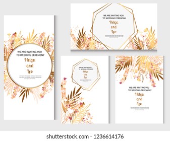 Wedding invitation frame set. Golden tropical abstract palm leaves and flowers pattern. Circle frame. Hello spring. Branches and leaves of tropical plants. Vector illustration.