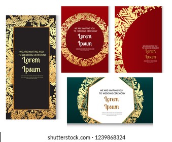 Wedding invitation frame set. Golden tropical abstract palm leaves and flowers pattern. Circle frame. Hello spring. Branches and leaves of tropical plants. Vector illustration.