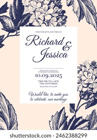 Wedding invitation frame set. Hortensia, leaves, gold engraved, isolated on white. Wreath floral herb garland in blue color. Hand drawn vector. Flower bouquet. Groom, bride botanic card design. 