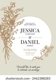 Wedding invitation frame set. Lily flower, leaves, gold engraved, isolated on white. Wreath floral herb garland in golden color. Hand drawn vector. Flower bouquet. Groom, bride botanic card design. 