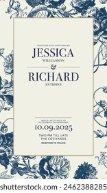 Wedding invitation frame set. Lily flower, leaves, gold engraved, isolated on white. Wreath floral herb garland in blue color. Hand drawn vector. Flower bouquet. Groom, bride botanic card design. 