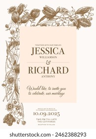 Wedding invitation frame set. Lily flower, leaves, gold engraved, isolated on white. Wreath floral herb garland in golden color. Hand drawn vector. Flower bouquet. Groom, bride botanic card design. 