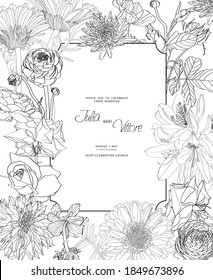Hochzeitseinladung. Rahmen mit Frühlings- und Sommerblumen. Botanische Illustration. Schwarz-Weiß.
