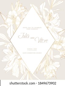 Wedding Invitation. Frame With Spring And Summer Line Flowers. Botanical Illustration. Beige Colors .