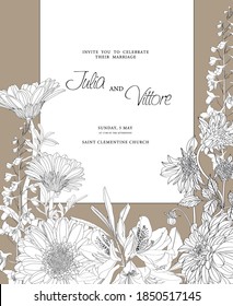 Wedding invitation. Frame with spring and summer line flowers. Botanical illustration. Vintage colors.