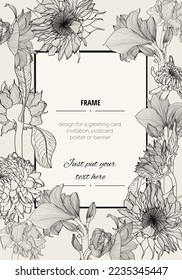 Invitación a la boda. Marco con flores de primavera y línea de verano. Ilustración botánica. Blanco negro.