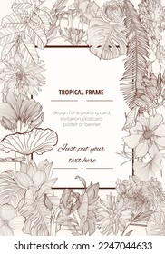 Invitación a la boda. Marco con flores tropicales primaverales y veraniegas y líneas de jardín. Ilustración botánica. 