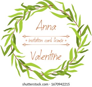 Wedding invitation. Frame with text, green branch on a white background