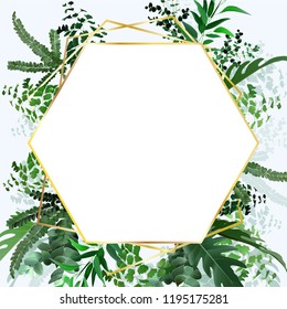 Wedding invitation frame of tropical leaves, fern, eucalyptus, monstera isolated on blue. Painted wreath, flower and herbal garlands with green, green color. Handdrawn Vector Watercolor Style, Nature.