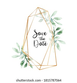 Wedding invitation frame. Watercolor green leaves gold geometrical border isolated on white. Wreath, floral, herbs garland, green, greenery color. Handdrawn Vector Watercolour style, nature art.